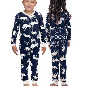 Lazy One Don't Moose With Me Kids Onesie Pajamas Navy Blue & White Size 6 Unisex